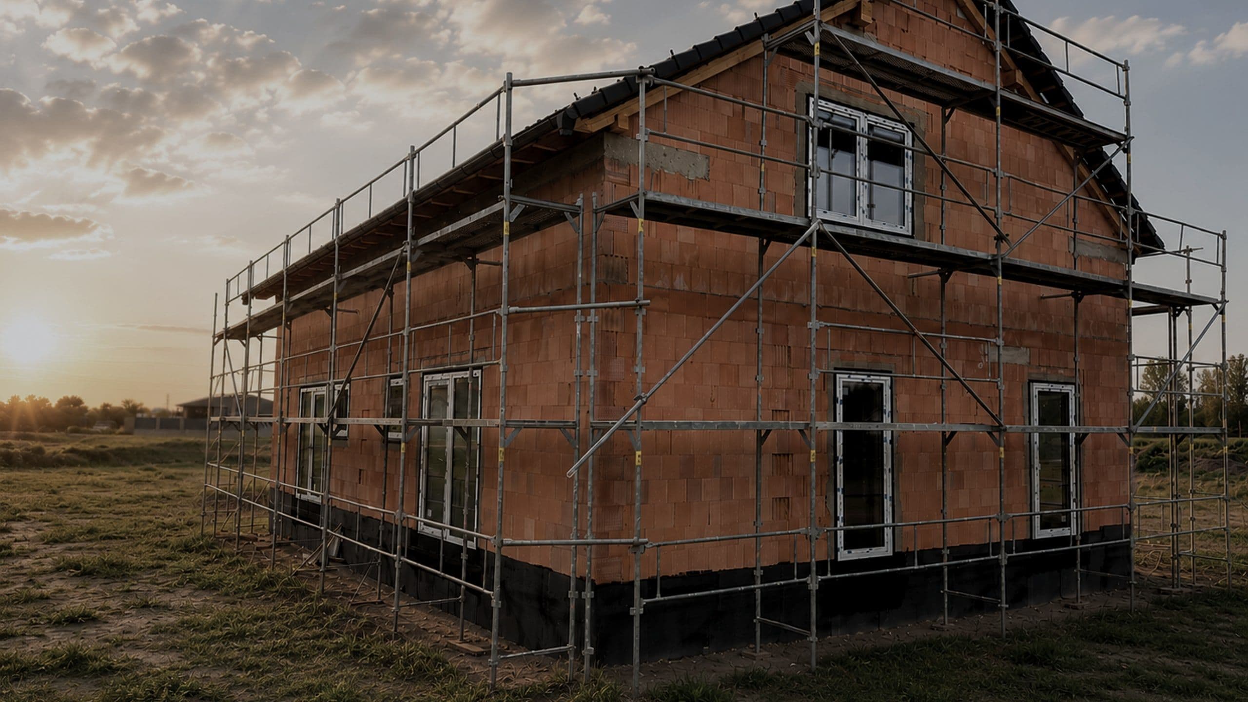 Rozestavěný rodinný dům s lešením v podvečerním slunci, Velký Borek