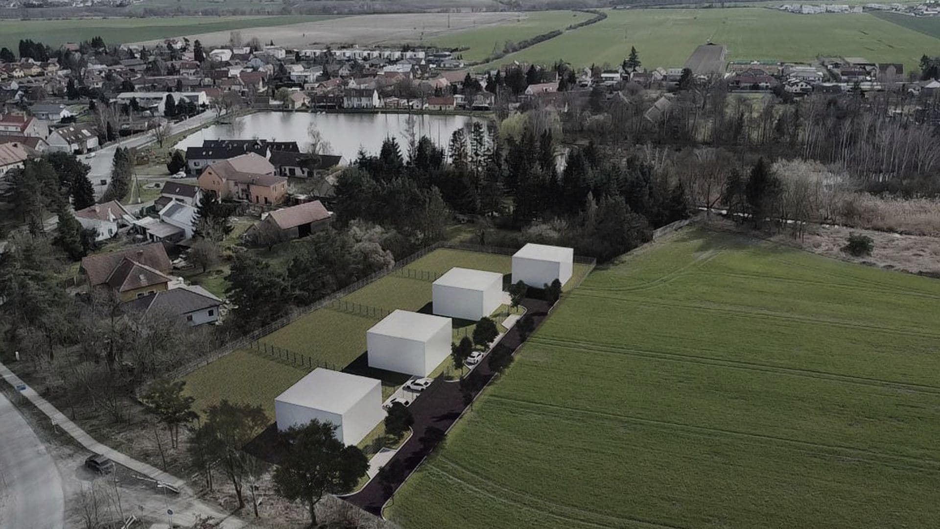 Letecký pohled na lokalitu Horoušany s okolní zástavbou