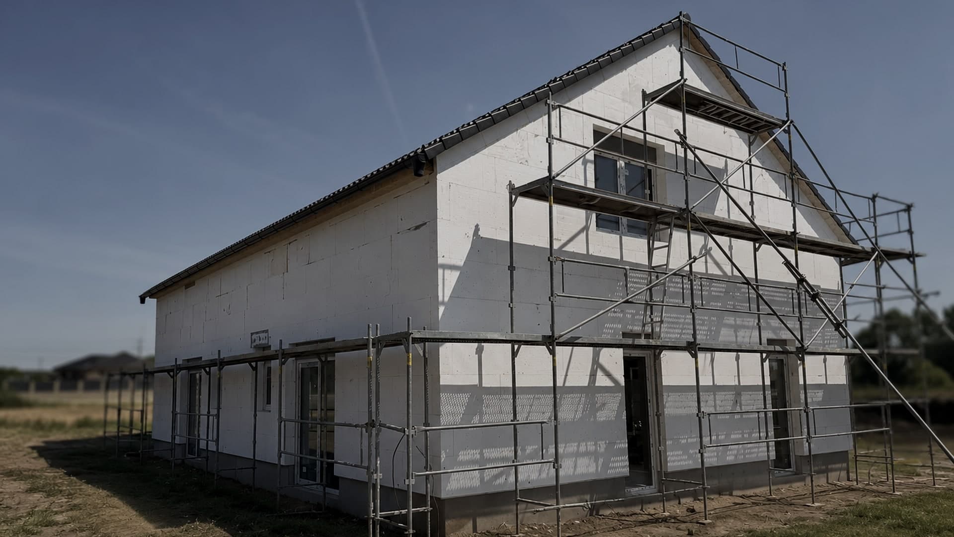 Rodinný dům ve výstavbě s lešením, pohled od pole