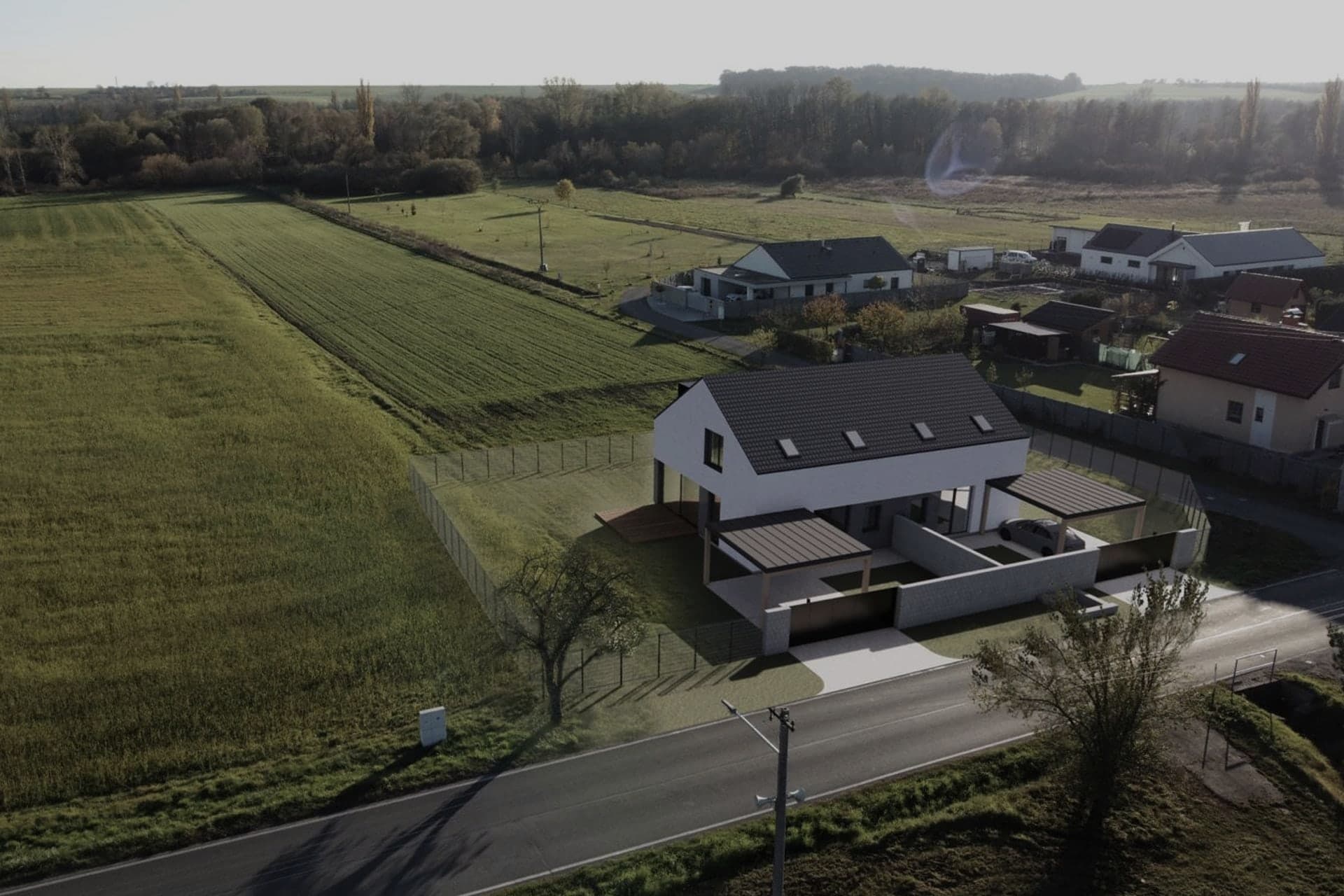 Dokončený dvojdům ve Velkém Borku v krajině